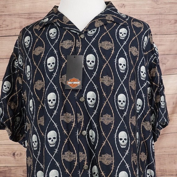 Harley-Davidson Other - Harley-Davidson Shirt Mens 2XL Black Skull Hawaiian Button-Up Tori Richard